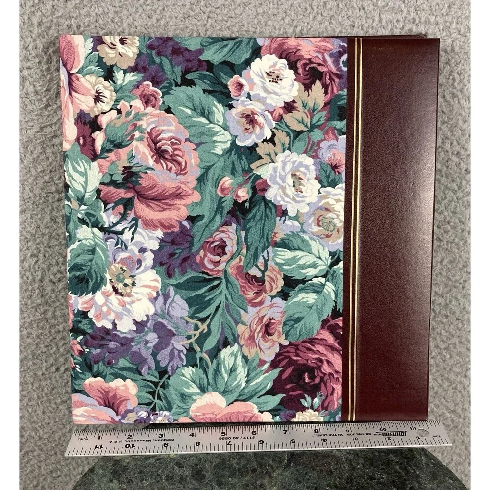 VTG 80s Floral & Faux Leather “Magnetic” Photo Album With 15 Double-Sided Pages
